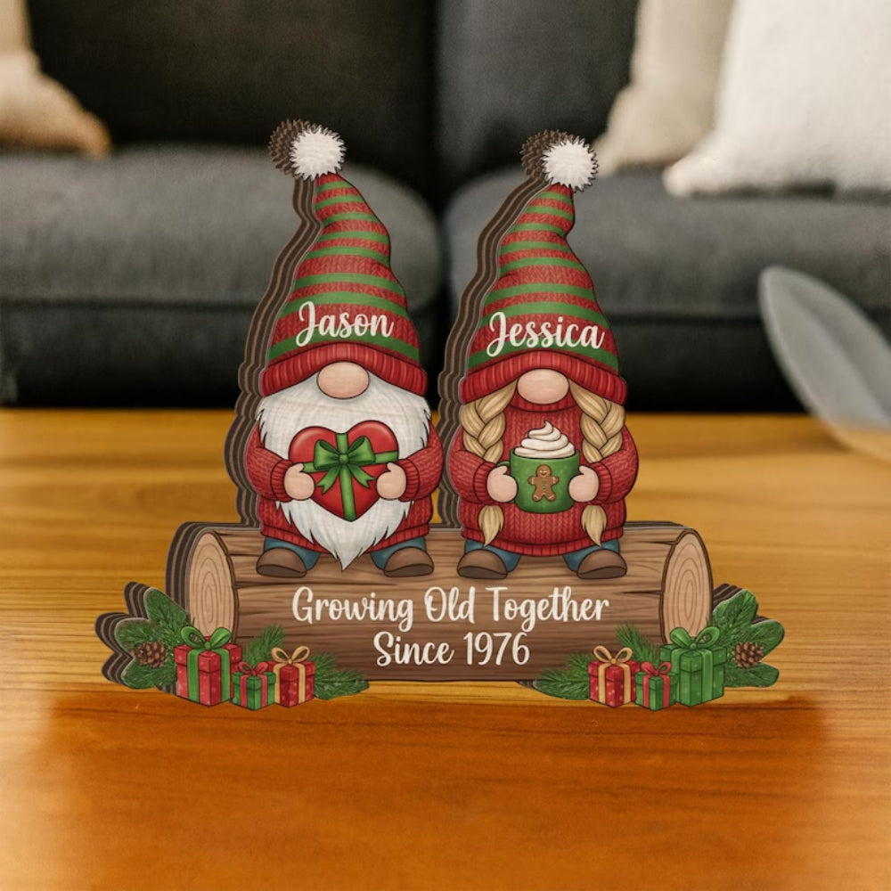 Growing Old Together Gnome Couple Custom Layer Wooden Block, Personalized Christmas Wedding Keepsake Wooden Plaque WD0994