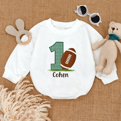Custom Name 1st Birthday Baby Football Romper Sweatshirt, Personalized First Birtday Baby Romper Sweatshirt BB0162