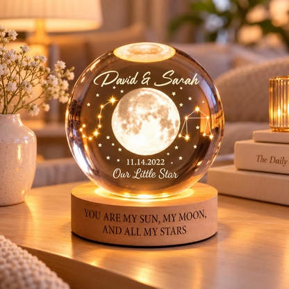 Custom Zodiac Couple Sign Crystal Ball Led Night Light, Custom Moon Anniversary Night Light For Couple WD0516