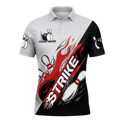 Custom Strike Flame Bowling Polo Shirt Mens, Custom Team Gray And Red Bowling Shirts BZ0447