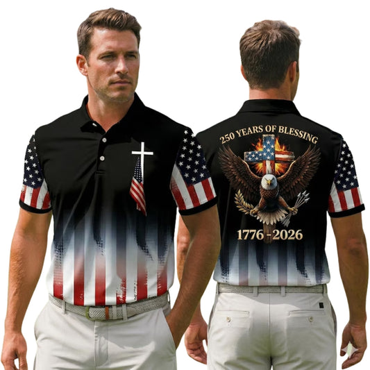 250 Years Of Blessing Eagle USA Flag Golf Men Polo Shirt Black, Christian 4th Of July Golf Shirts GE0402