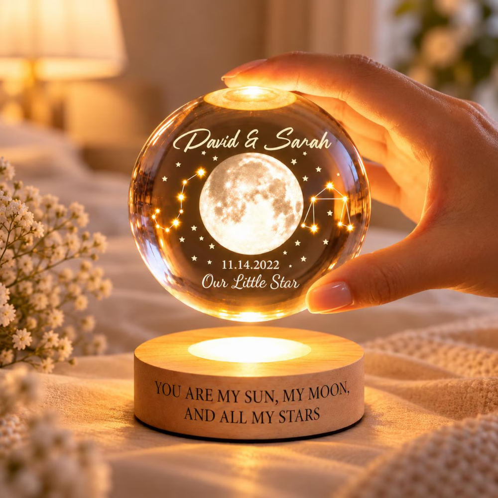 Custom Zodiac Couple Sign Crystal Ball Led Night Light, Custom Moon Anniversary Night Light For Couple WD0516