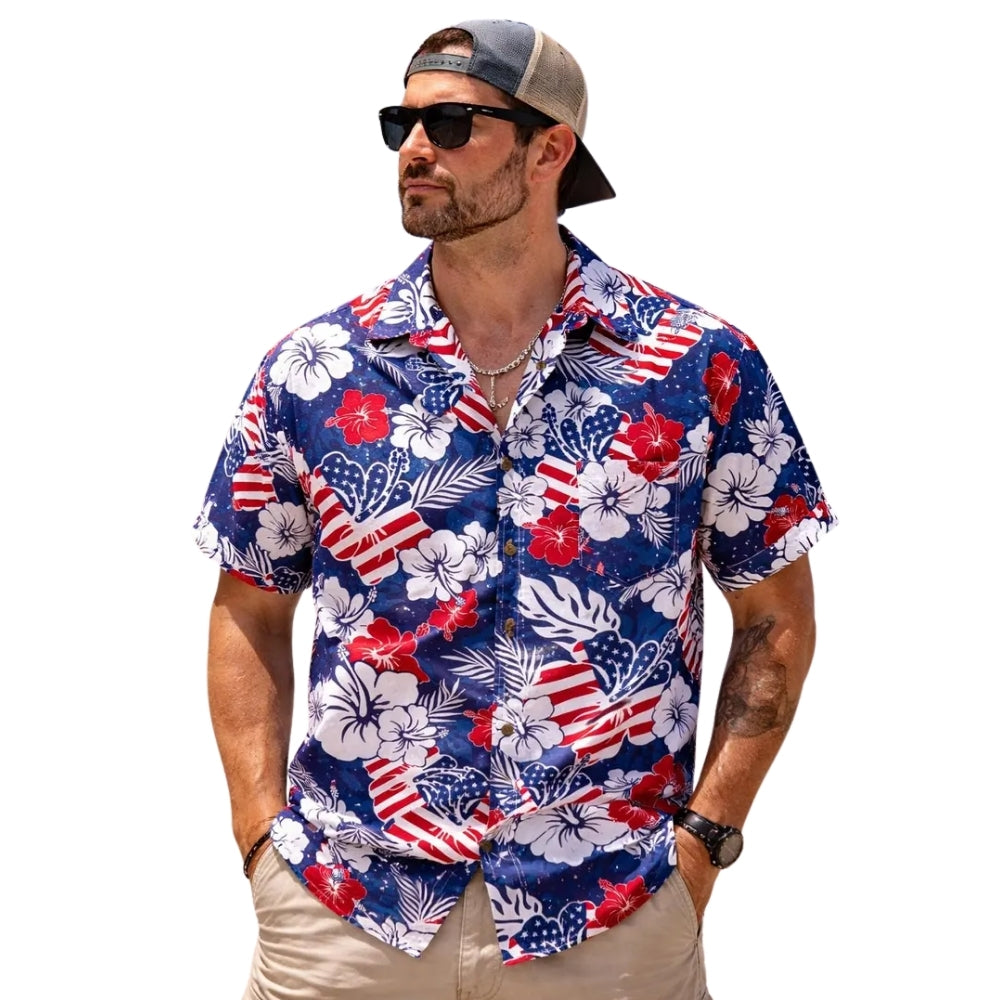 Tropical USA Flag Hawaiian Shirt For Independence Day, 4th Of July Tropical Hawaiian Shirts HE0192