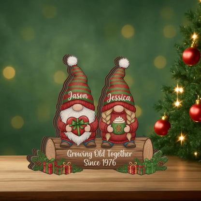 Growing Old Together Gnome Couple Custom Layer Wooden Block, Personalized Christmas Wedding Keepsake Wooden Plaque WD0994
