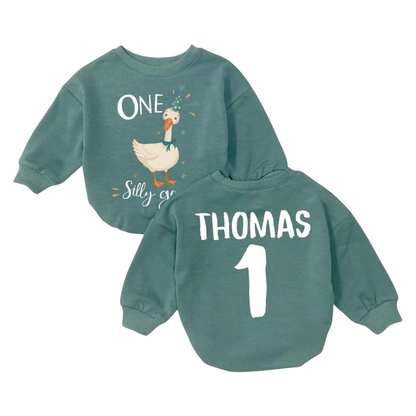 Personalized One Silly Goose Baby Romper Sweatshirt, Custom Baby Name 1st Birthday Goose Romper Sweatshirt BB0164