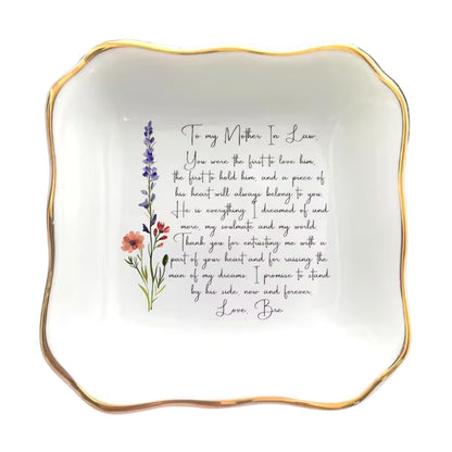 Custom Birth Month Flower Wedding Ring Dish For Mother In Law, Personalized Mother In Law Jewelry Dish WD0152