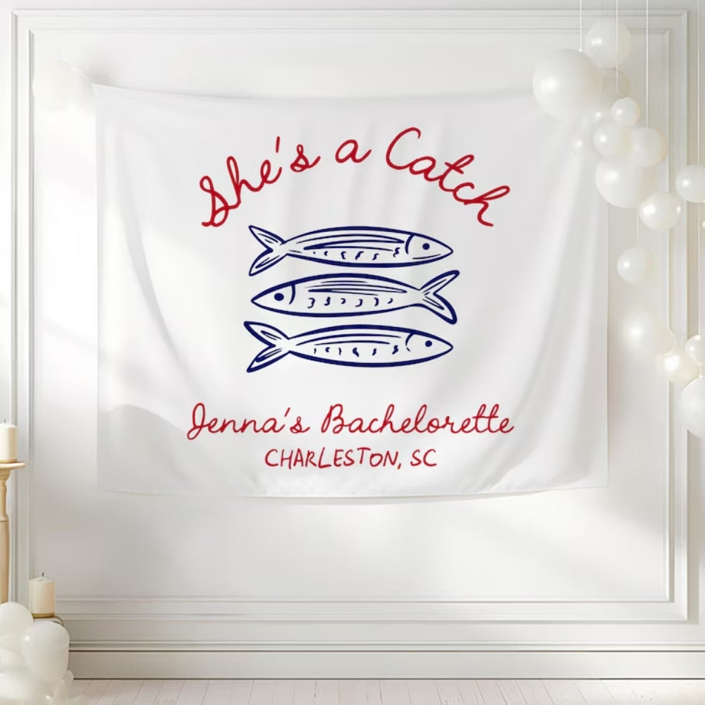 She's A Catch Fish Bachelorette Banner Personalized, Custom Beach Bachelorette Party Sign WD0530
