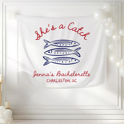 She's A Catch Fish Bachelorette Banner Personalized, Custom Beach Bachelorette Party Sign WD0530