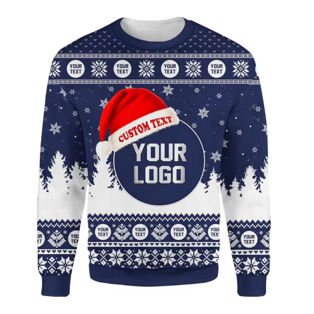 Custom Logo Ugly Xmas Sweatshirt Navy And White, Custom Christmas Sweater 2D1083
