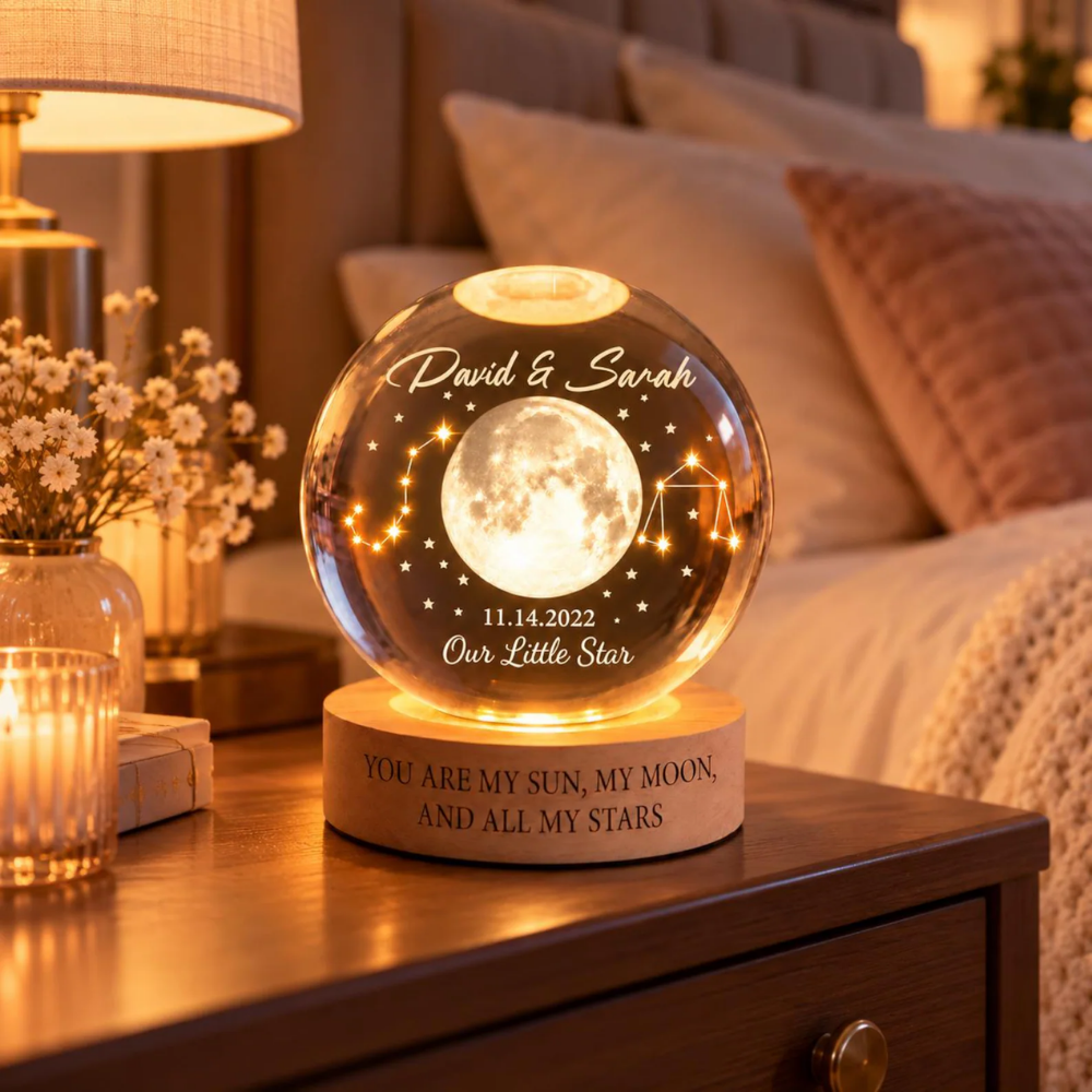 Custom Zodiac Couple Sign Crystal Ball Led Night Light, Custom Moon Anniversary Night Light For Couple WD0516
