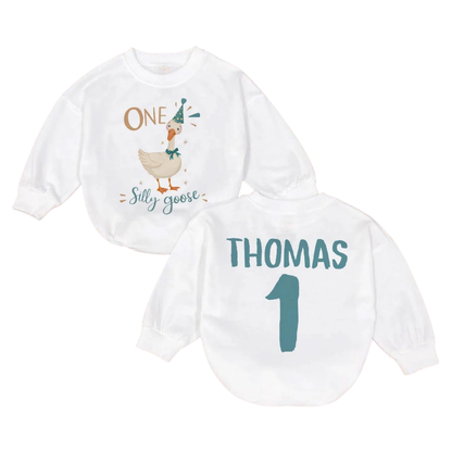 Personalized One Silly Goose Baby Romper Sweatshirt, Custom Baby Name 1st Birthday Goose Romper Sweatshirt BB0164