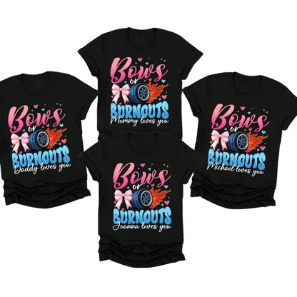 Bows Or Burnouts Custom Matching Gender Reveal Family T Shirts, Custom Matching Family Shirts For Baby Reveal Party ET1107
