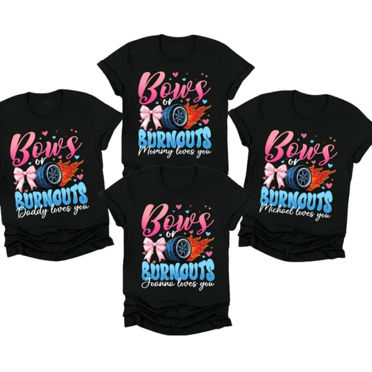 Bows Or Burnouts Custom Matching Gender Reveal Family T Shirts, Custom Matching Family Shirts For Baby Reveal Party ET1107