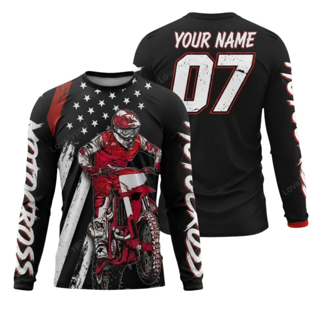 Custom American Flag Mens Long Sleeve Motocross Jersey, Custom Patriotic Motocross Jersey ME0041