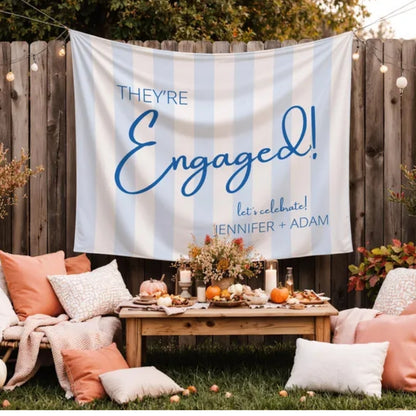 They're Engaged Custom Blue Striped Banner, Custom Engagement Party Banner WD0412