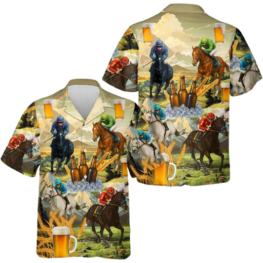 Beer And Horse Racing Hawaiian Shirt For Men, Horse Racing Hawaiian Shirts HE0043