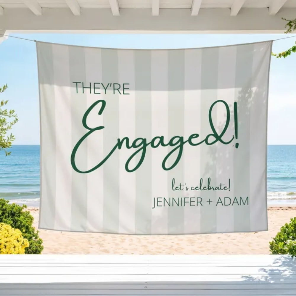 They're Engaged Custom Blue Striped Banner, Custom Engagement Party Banner WD0412