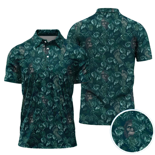 Tropical Bigfoot Golf Polo Shirts For Men Black Cyan, Sasquatch Bigfoot Tropical Golf Shirts GE0404