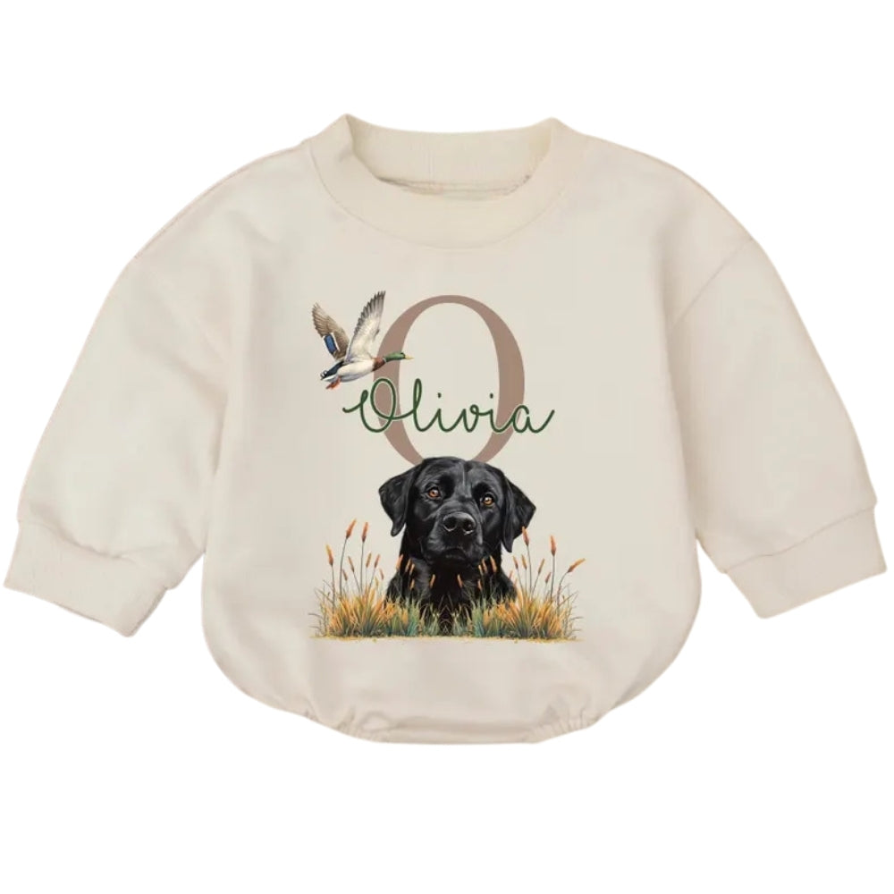 Black Lab Mallard Duck Baby Romper Sweatshirt, Hunting Dog Romper Sweatshirt For Baby BB0685