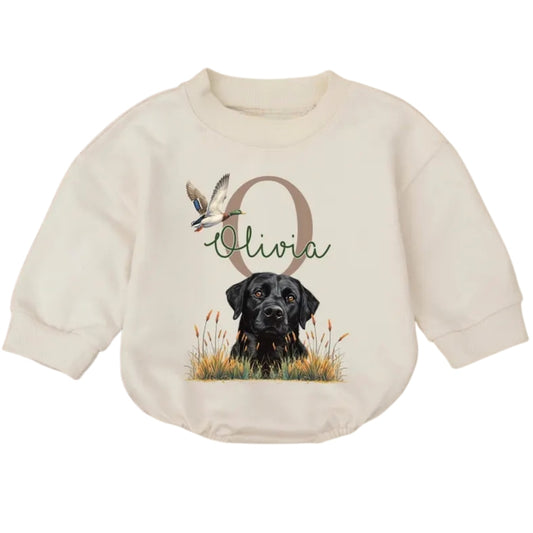 Black Lab Mallard Duck Baby Romper Sweatshirt, Hunting Dog Romper Sweatshirt For Baby BB0685
