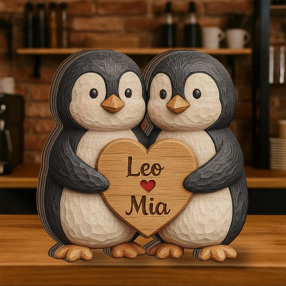 Personalized Penguin Couple Layer Wooden Plaque, Custom Penguin Wooden Block Wedding Keepsake WD0995