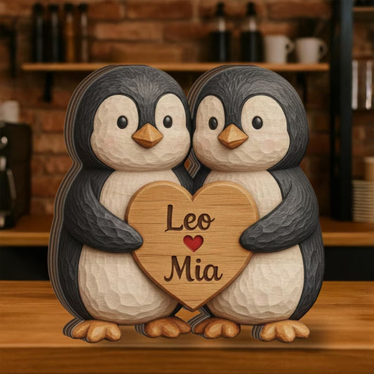 Personalized Penguin Couple Layer Wooden Plaque, Custom Penguin Wooden Block Wedding Keepsake WD0995