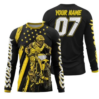 Custom American Flag Mens Long Sleeve Motocross Jersey, Custom Patriotic Motocross Jersey ME0041