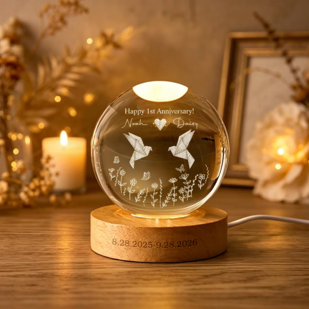 Happy 1st Anniversary Custom Couple Crystal Ball Led Night Light, Custom Paper Wedding Keepsake Night Light WD0918