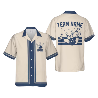Custom Blue Beige Vintage Bowling Hawaiian Shirt Men, Custom Vintage Bowling Team Shirts BE0130