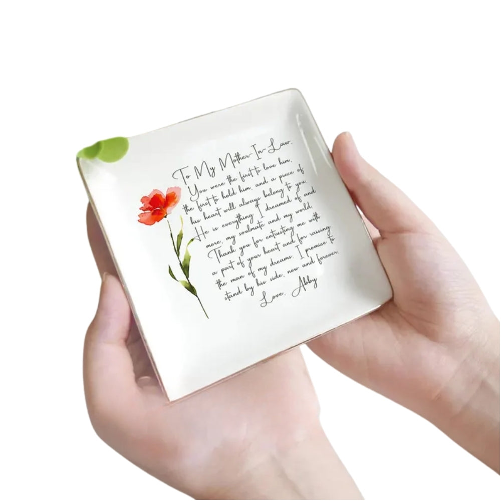 Custom Birth Month Flower Wedding Ring Dish For Mother In Law, Personalized Mother In Law Jewelry Dish WD0152