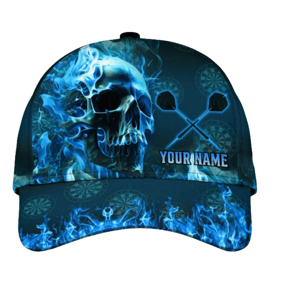 Custom Blue Flame Skull Dart Baseball Cap 3D Printed, Custom Skull Dart Hat With Name CP0481