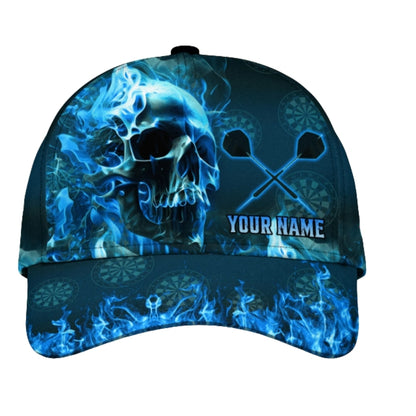 Custom Blue Flame Skull Dart Baseball Cap 3D Printed, Custom Skull Dart Hat With Name CP0481