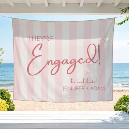 They're Engaged Custom Blue Striped Banner, Custom Engagement Party Banner WD0412