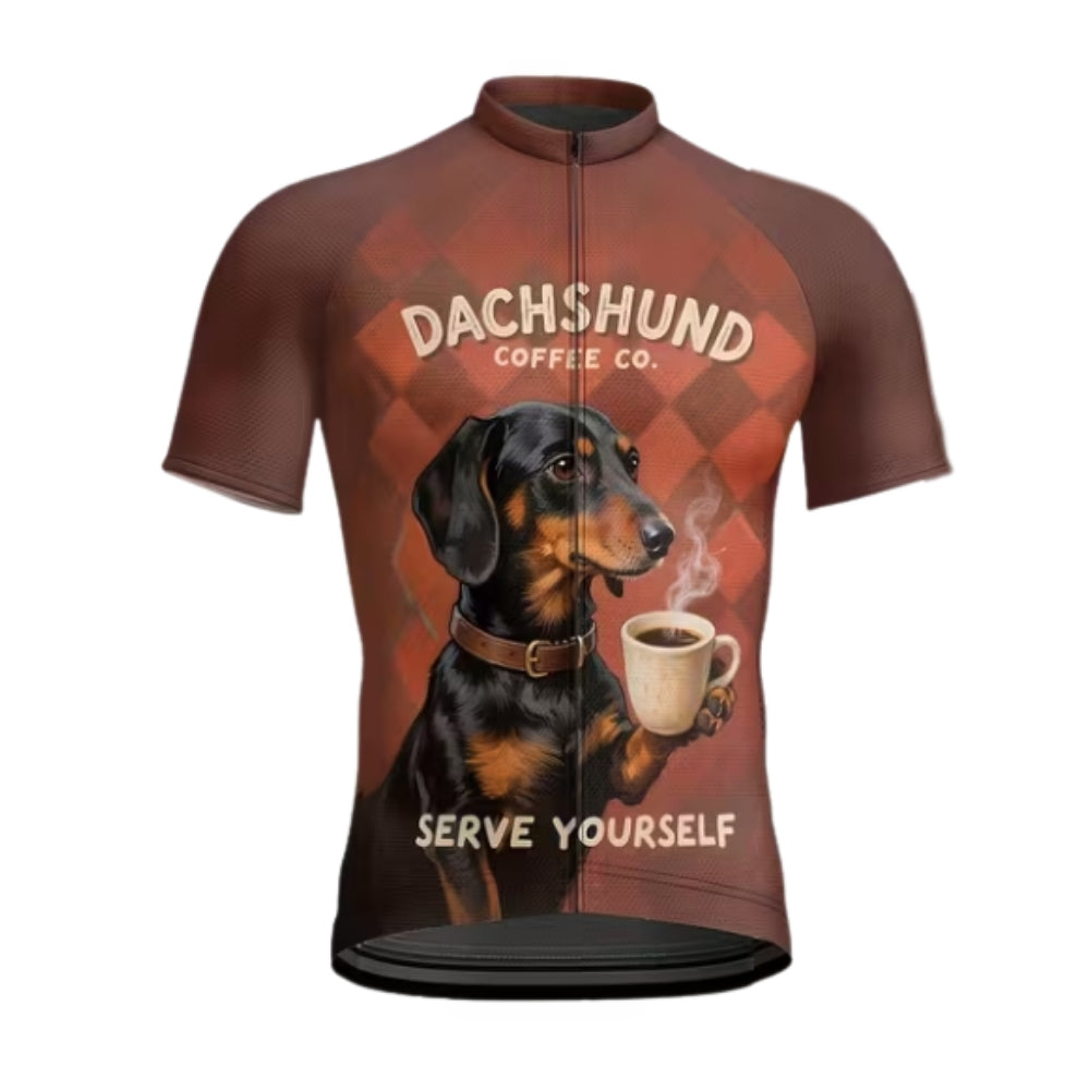 Dachshund Coffee Co Serve Yourself Men's Cycling Short Sleeve Jersey For Men, Funny Dog Cycling Jerseys CE0025
