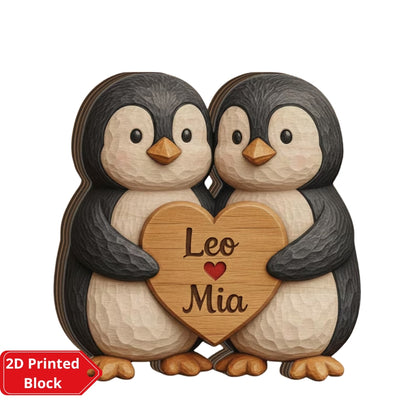 Personalized Penguin Couple Layer Wooden Plaque, Custom Penguin Wooden Block Wedding Keepsake WD0995