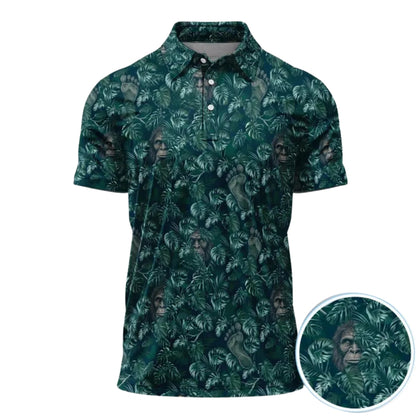 Tropical Bigfoot Golf Polo Shirts For Men Black Cyan, Sasquatch Bigfoot Tropical Golf Shirts GE0404