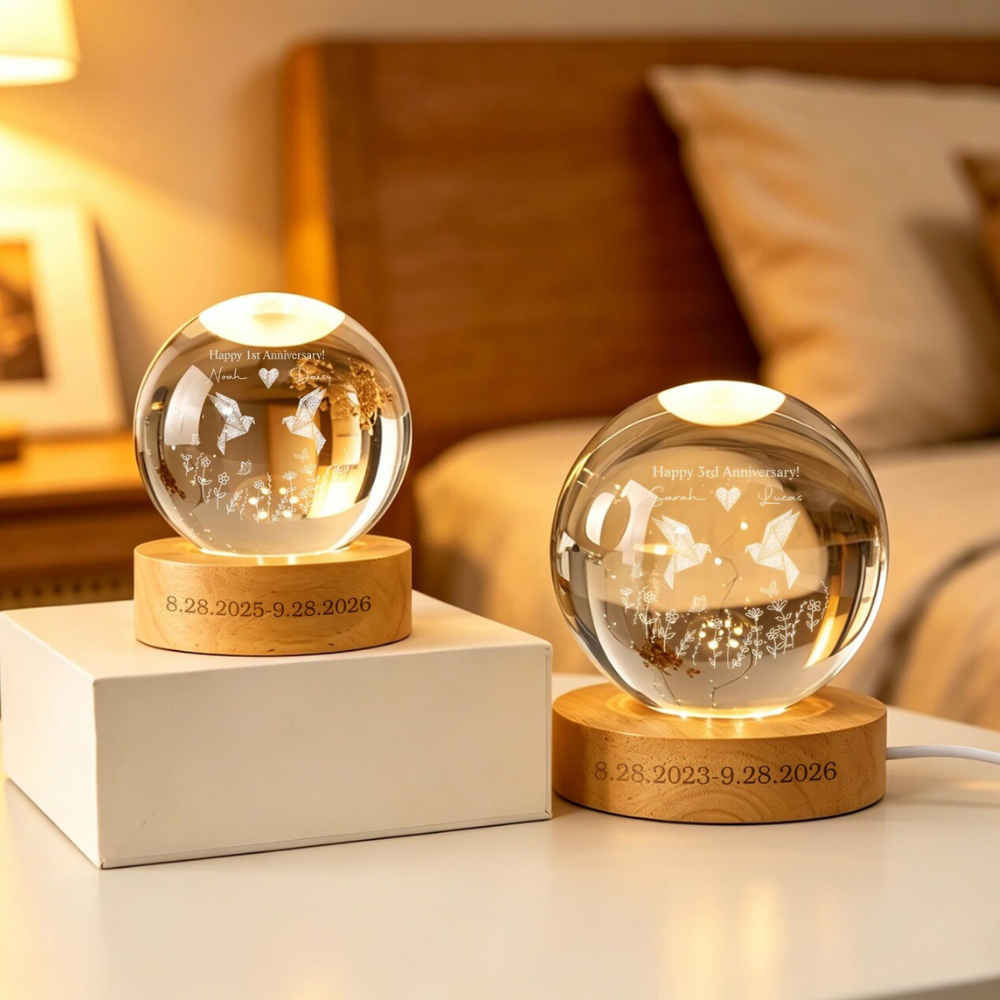 Happy 1st Anniversary Custom Couple Crystal Ball Led Night Light, Custom Paper Wedding Keepsake Night Light WD0918