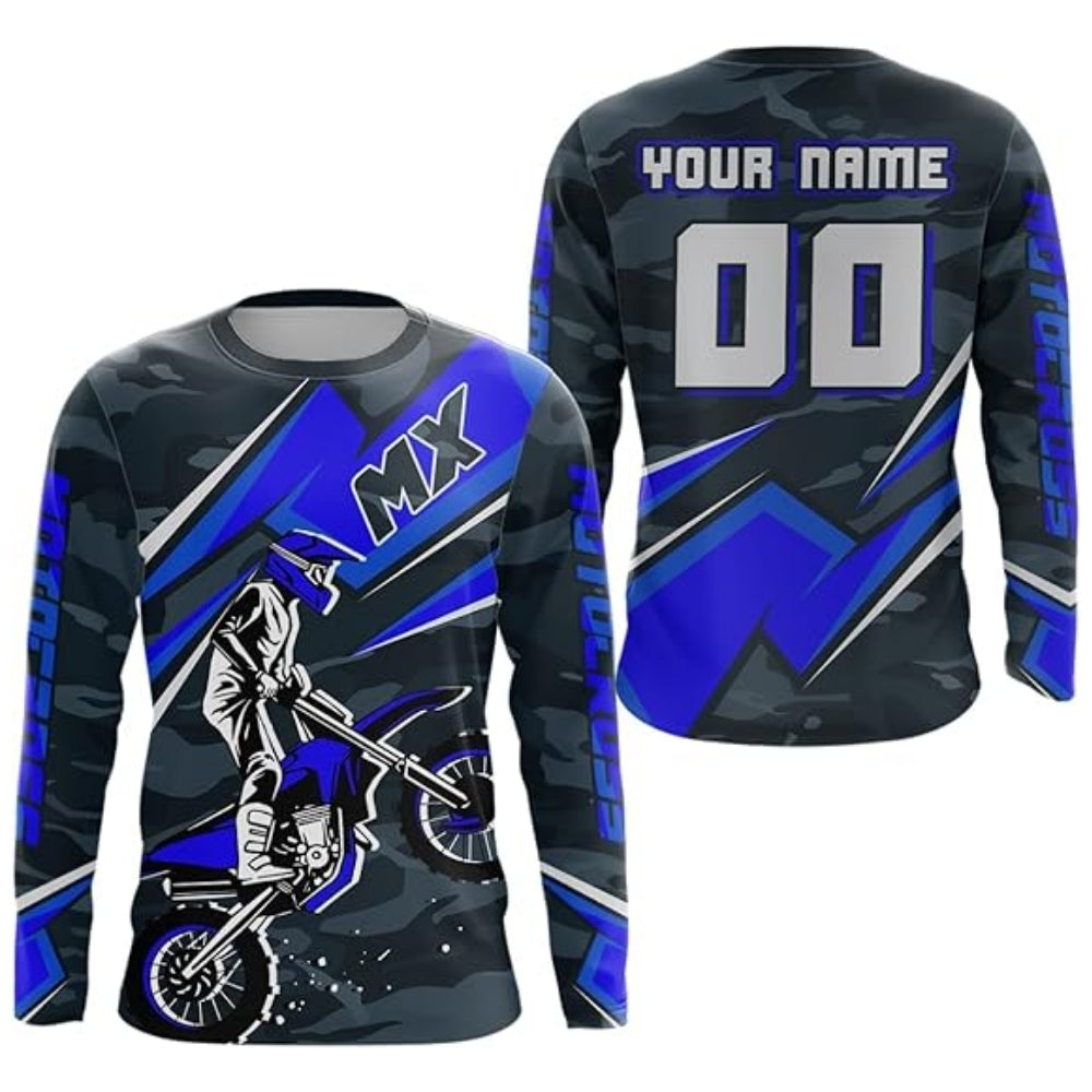 Custom Name Number MX Motocross Long Sleeve Mens Jersey, Blue And Black Custom Dirt Bike Jersey MZ0077