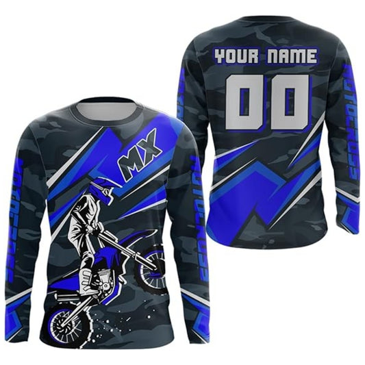 Custom Name Number MX Motocross Long Sleeve Mens Jersey, Blue And Black Custom Dirt Bike Jersey MZ0077