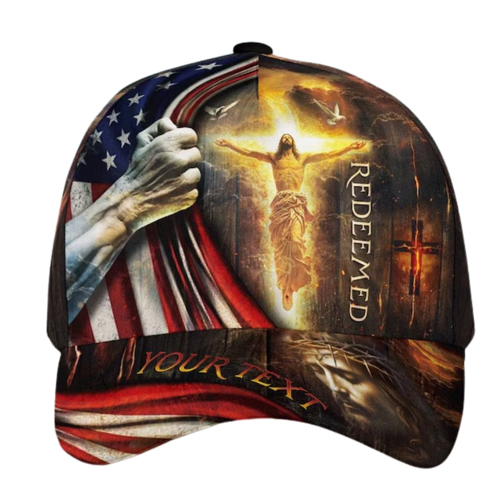 Redeemed Custom USA Flag Jesus 3D Baseball Cap, Custom Christian Caps Hats CP0103