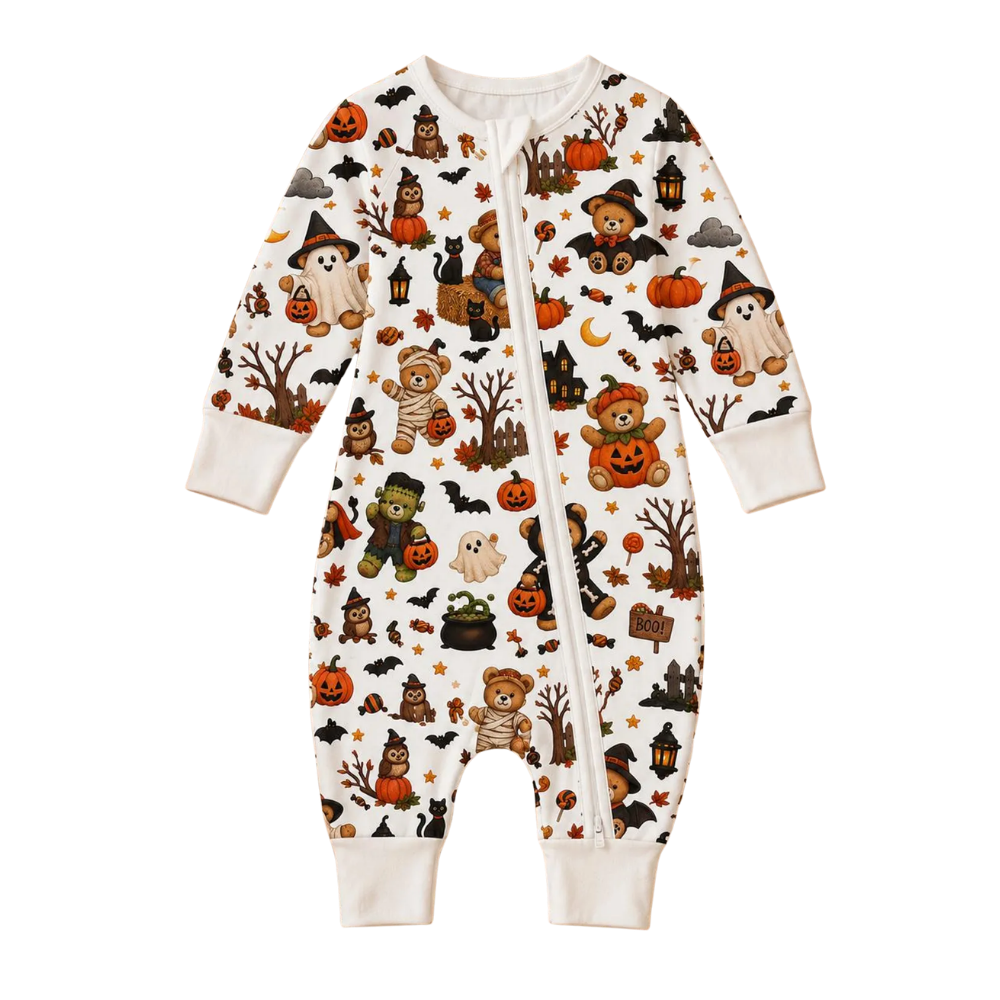 Teddy Bear Ghost Pumpkin Baby Convertible Zippy Romper, Halloween Teddy Bear Convertible Romper For Baby BB0931