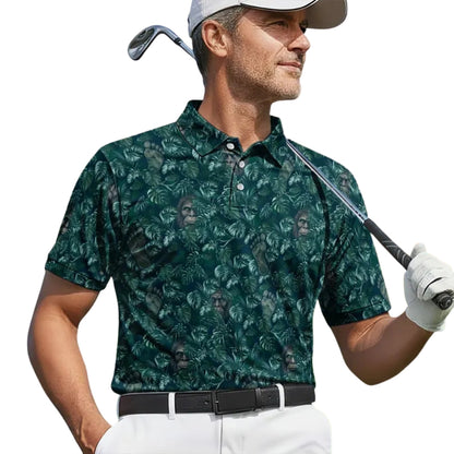 Tropical Bigfoot Golf Polo Shirts For Men Black Cyan, Sasquatch Bigfoot Tropical Golf Shirts GE0404