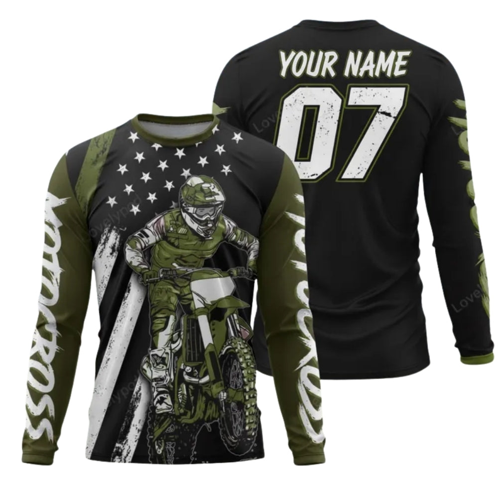 Custom American Flag Mens Long Sleeve Motocross Jersey, Custom Patriotic Motocross Jersey ME0041