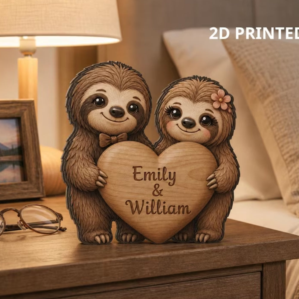 Custom Sloth Couple Layer Wooden Plaque, Personalized Sloth Wedding Keepsake Wooden Block WD0996