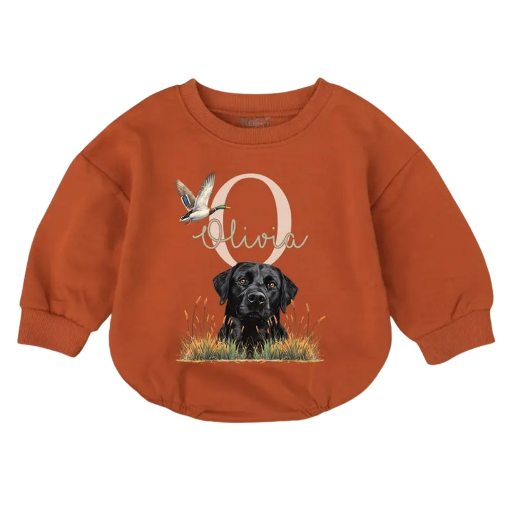 Black Lab Mallard Duck Baby Romper Sweatshirt, Hunting Dog Romper Sweatshirt For Baby BB0685