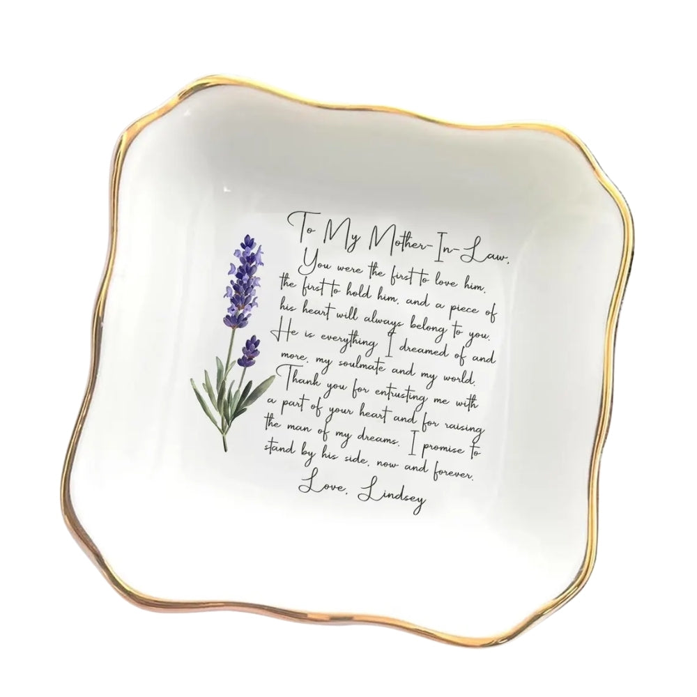 Custom Birth Month Flower Wedding Ring Dish For Mother In Law, Personalized Mother In Law Jewelry Dish WD0152