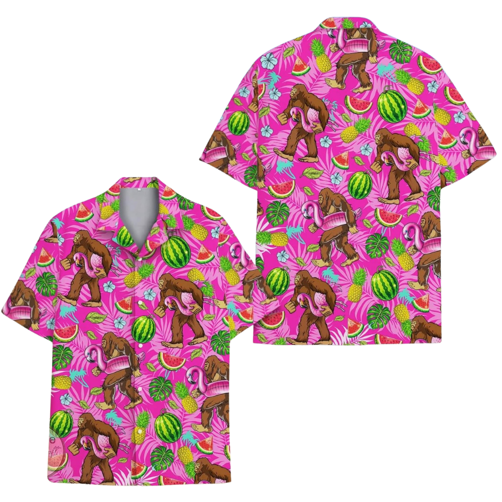 Bigfoot Watermelon Pink Hawaiian Shirt Mens, Sasquatch Fruit Hawaiian Shirt HE0384