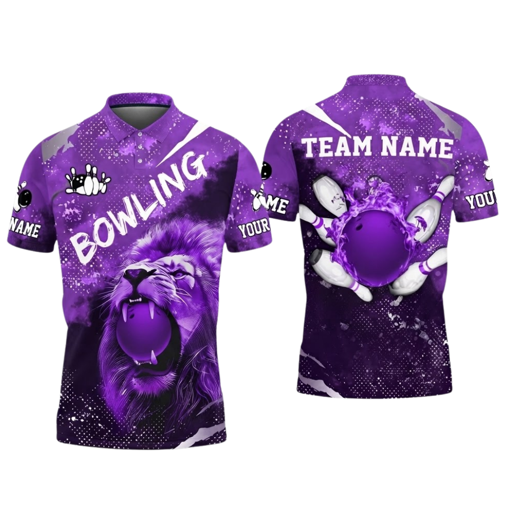 Custom Lion Men's Blue Bowling Polo Shirt, Custom Lion Bowling Team Shirts BZ0622