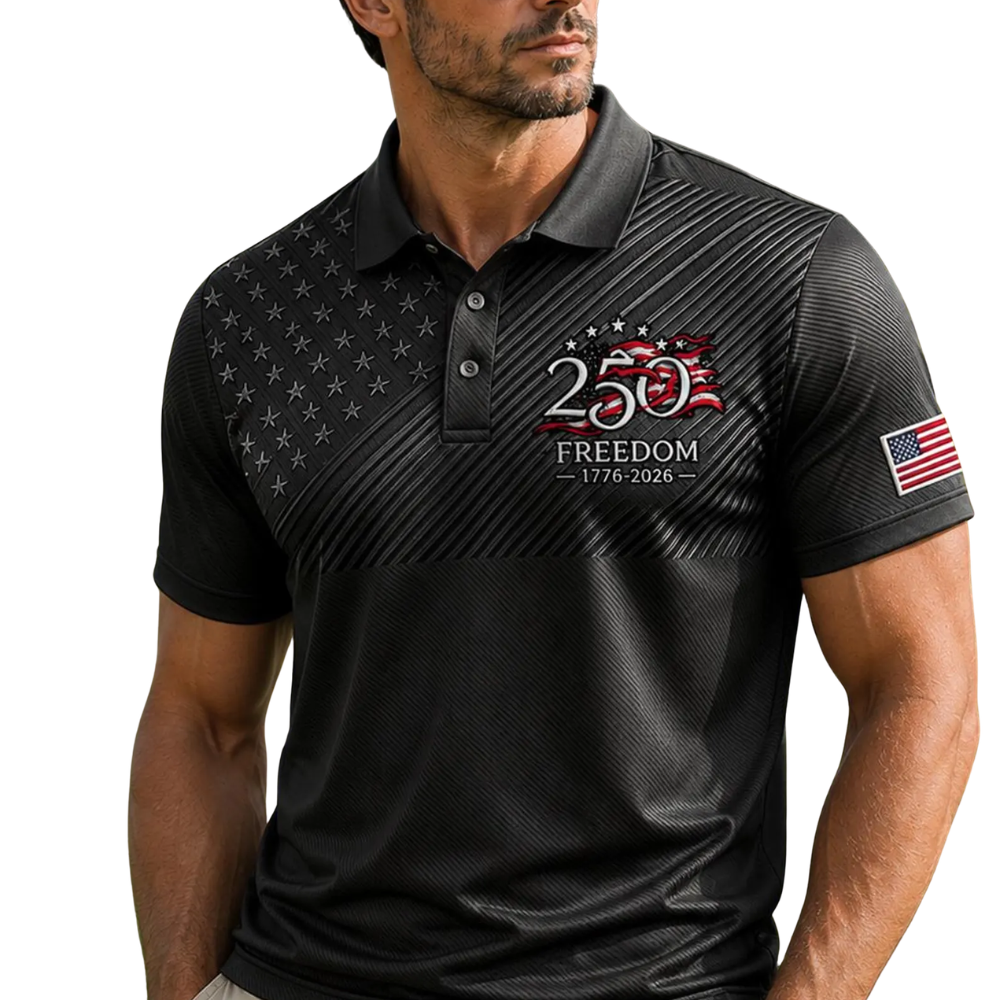 250 Freedom 1776-2026 American Flag Mens Black Golf Polo Shirts, 4th Of July Golf Shirts GE0503