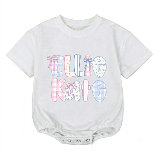 Custom Name Preppy Floral Baby Girl T Shirt Bubble Romper, Personalized Baby Romper BB0189